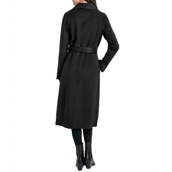 NEW T TAHARI juliette double face faux leather trim belted  wool coat black in b - Picture 3 of 4